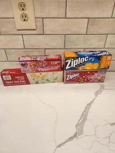 Lot Of 4 Open Ziploc Holiday Bags Treats Cookies Christmas Halloween Valentines