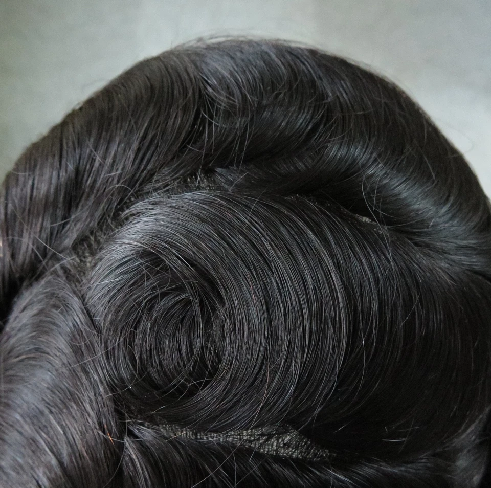 Toupee Mens Human Hair Replacement System 0.04mm Skin Hairpieces Natural Black - Image 3 of 4