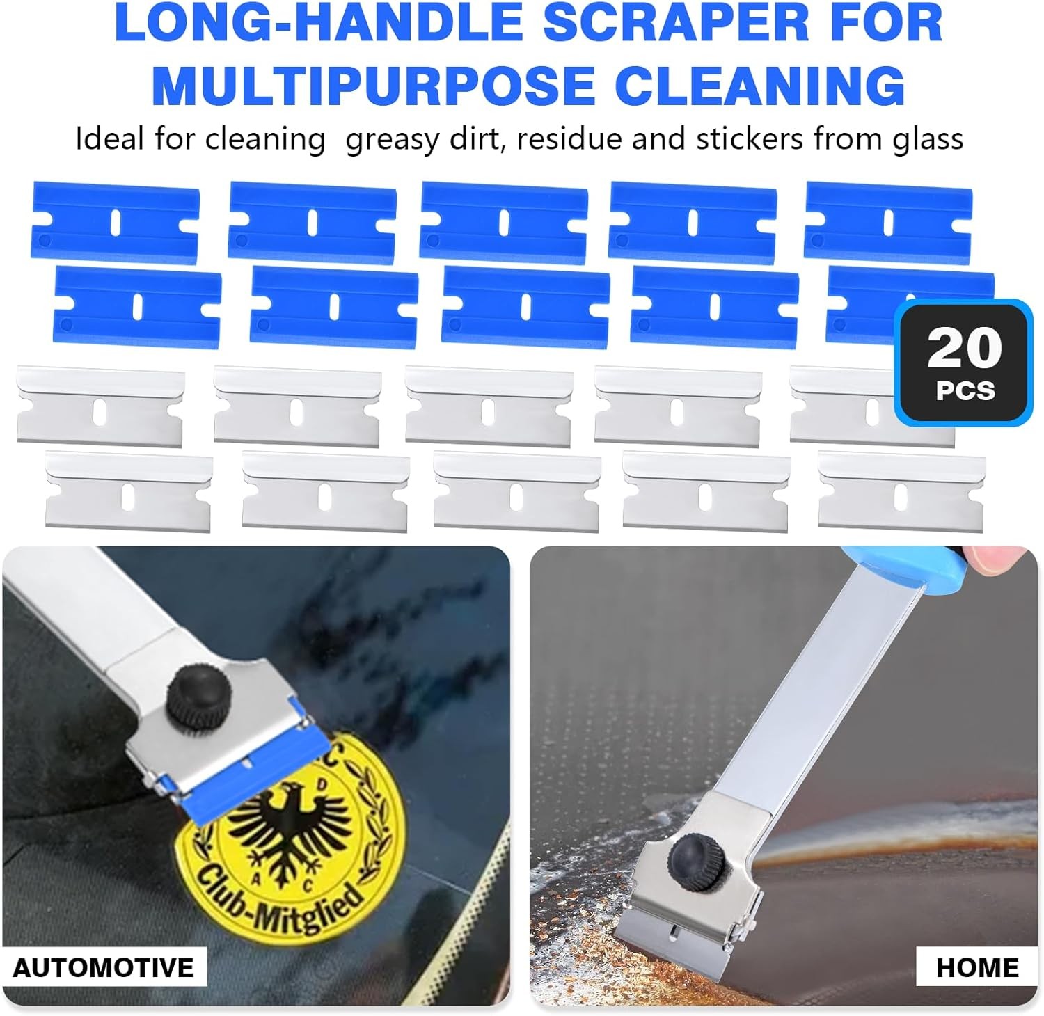 Razor Blade Scraper Tool with 20 Extra Replacement Blades (Metal & Plastic), Lon