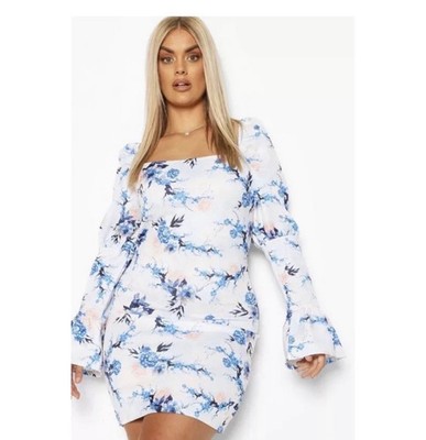 Boohoo Blue White Floral Ruffle Sleeve Shift Dress Plus