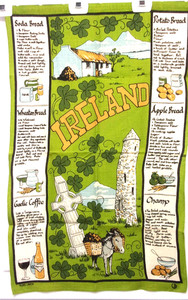 Vintage IRELAND Pure Linen Tea Towel Recipes, Donkey, Shamrock, Celtic Cross-New
