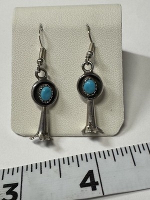 Squash Blossom Dangle Earrings old  pawn Turquoise sterling silver Navajo hook  