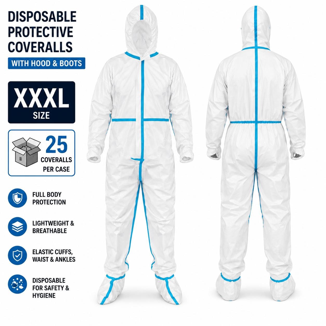Disposable Coveralls XXXL Case of 25 with Hood & Boots PPE Protective Suit