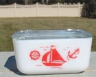 Vtg McKee Sailboat Anchor Wheel Refrigerator Dish Clear Lid 5x4 Milk Glass Old
