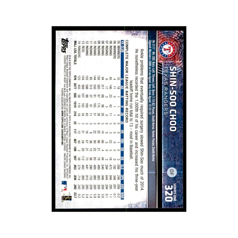 Shin-Soo Choo 2015 Topps #320 Baseball Cards Baseball Card NM - Image 2 of 3