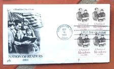 ABE LINCOLN & SON TAD A NATION OF READERS #2106 1984 ARTCRAFT FDC PLATE#BLOCK UN
