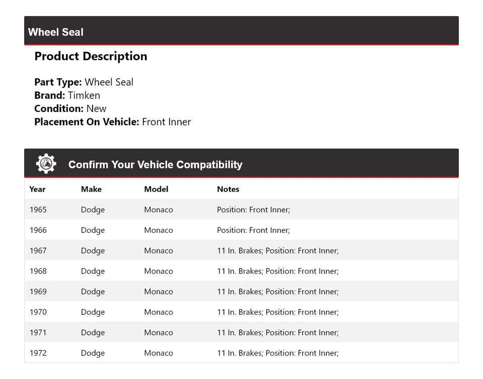Sello de rueda interior delantero para Dodge Monaco 1965-1972 Timken 1966 1967 1968 1969 Foto 2 de 4