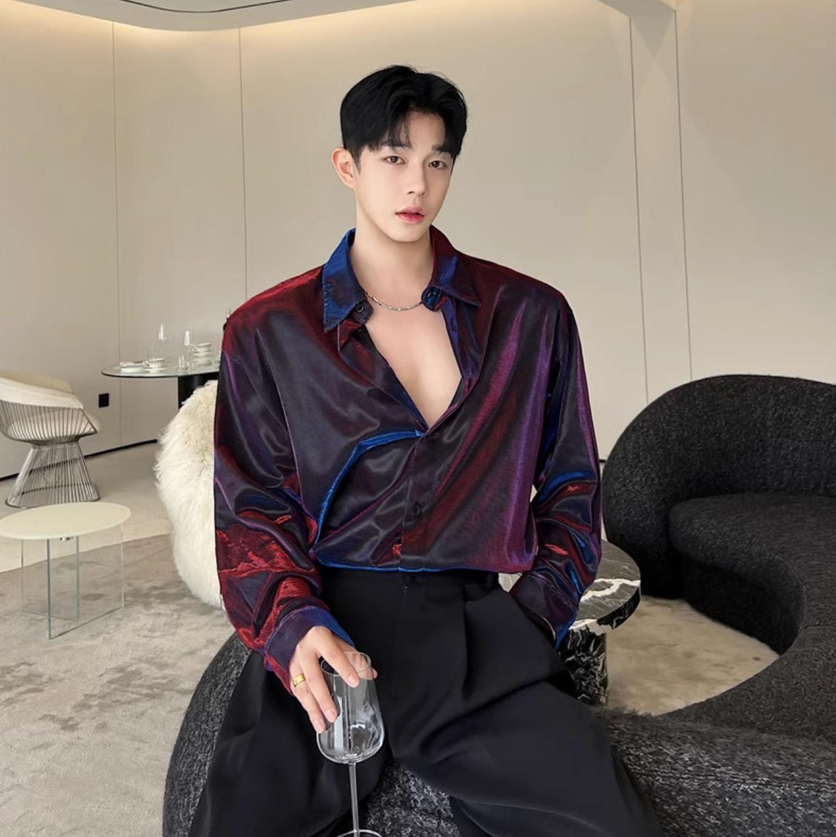 nightclub dress shirts Men's Metallic Long Sleeves Button Down Nightclub Party Shirts