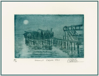 CEDAR KEY FLORIDA Moonlight THE OLD FISHING PIER Dock. ORIGINAL ETCHING Signed