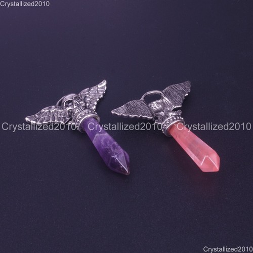 Natural Gemstones Halloween Skull Wing Hexagonal Chakra Pendant Necklaces Beads - Picture 4 of 34