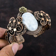 Rainbow Moonstone Copper Gift For Briedsmaid Wire Wrapped Flower Adjustable Cuff
