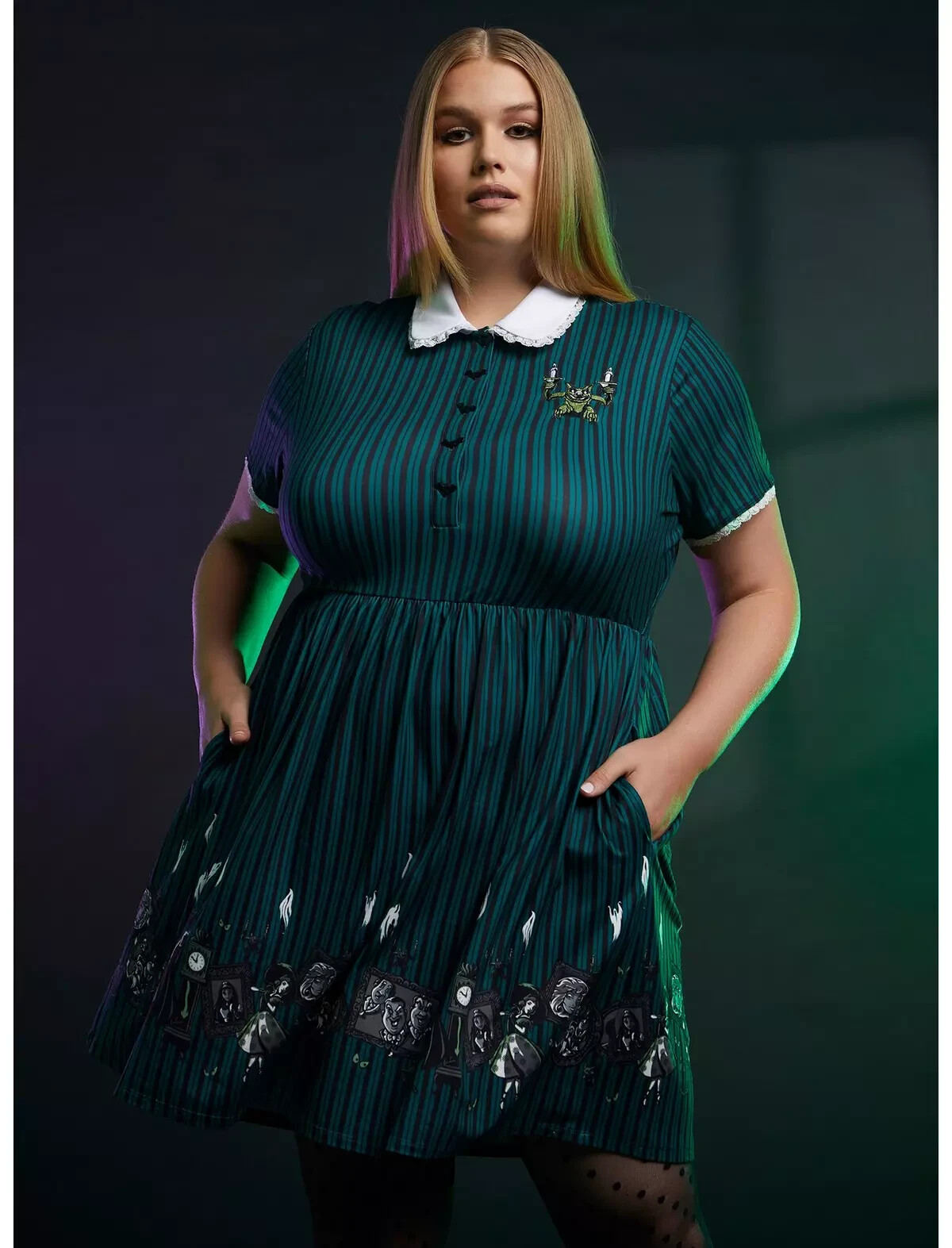 DISNEY Her Universe Haunted Mansion Icons Stripe Collar Dress Green SIZE 4 4X