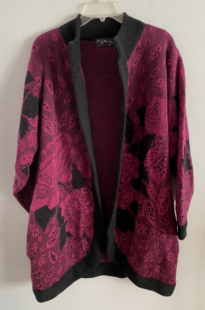Vintage JJ Browne Open Front Cardigan Sweater Wool Blend Floral Pockets Size L
