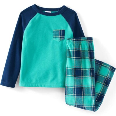 LANDS END  FLEECE WINTER PAJAMAS green blue plaid 2 pc set New -Choose sz