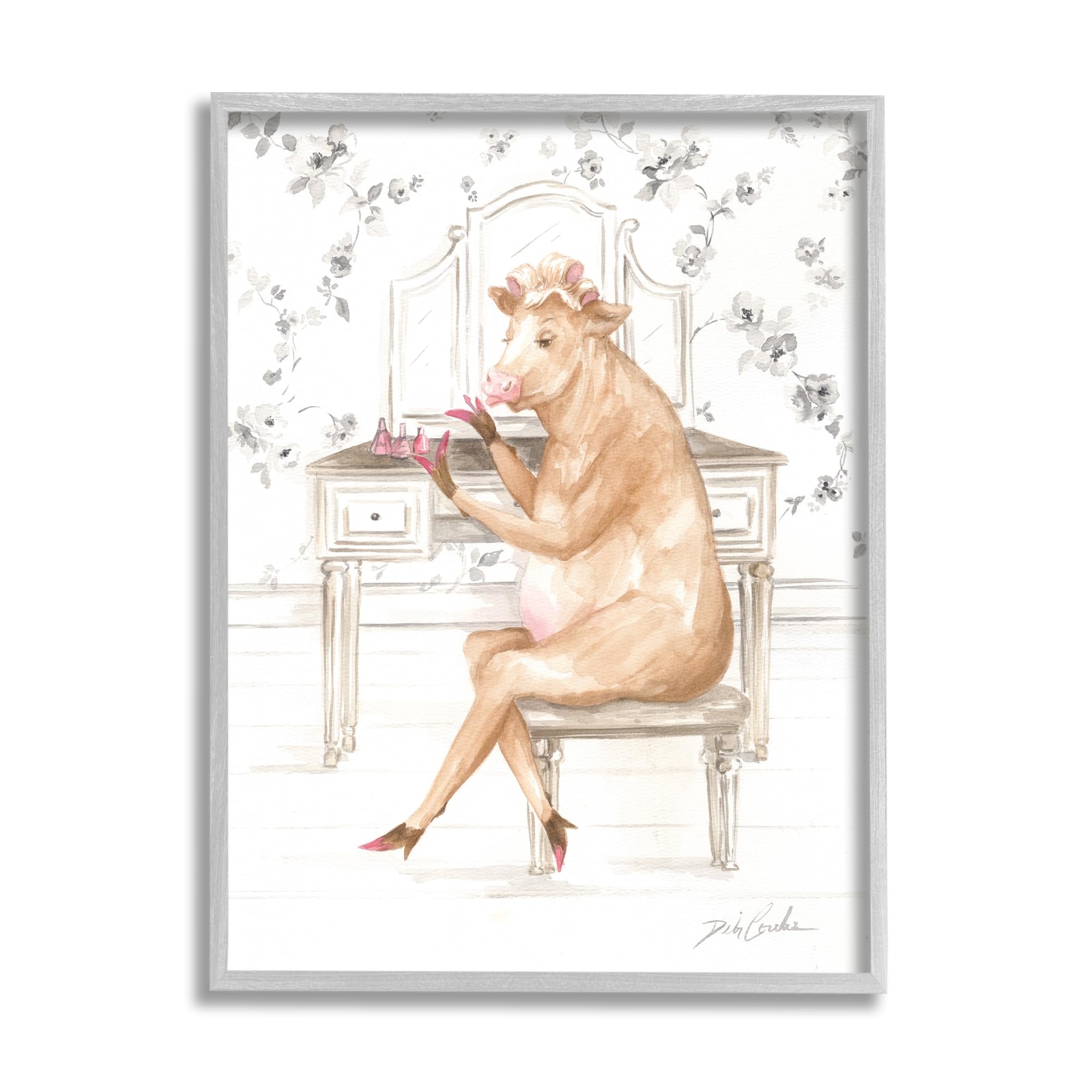 Glam Cow at Vanity Gray Framed Giclee Art Design by Debi Coules