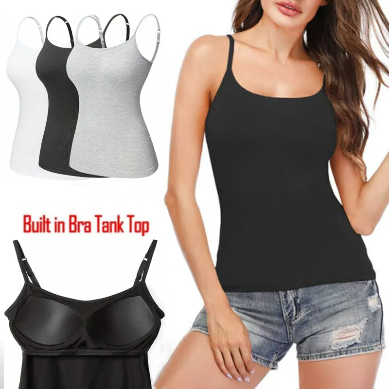 Adjustable Camisole with Built in Bra Women Basic Undershirt Spaghetti  Strap Top