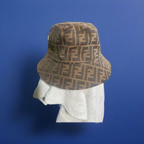 FENDI FXQ801 Brown Fabric Bucket Hat Zucca Pattern Men's L Retails for $590