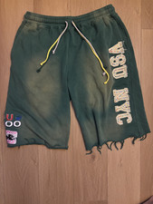 VALE LIVES Green Distressed Sweatshorts "VSD NYC" Rhinestone Graphics - XL