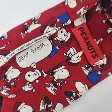 Snoopy Peanuts Dear Santa Christmas Red Tie Vintage 100 Silk Made In USA