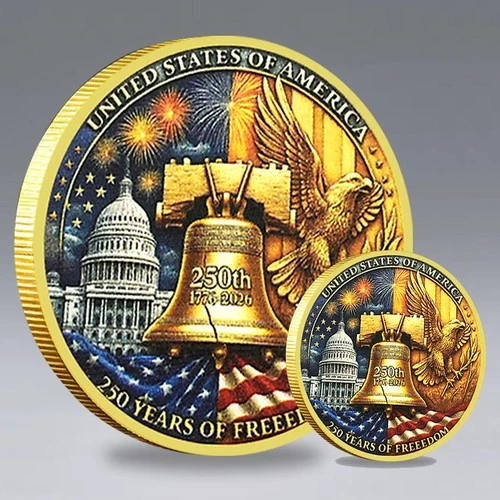 USA 250 Years of Freedom Anniversary Liberty Bell Gold Plated Coin Collectible