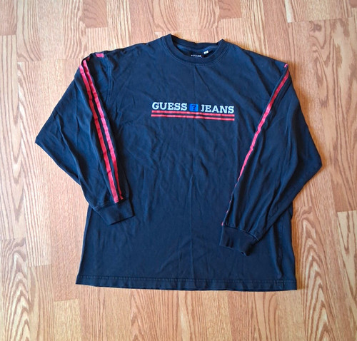 Vtg Y2K GUESS Jeans Men’s M Black Graphic Print Logo Crew Neck Long Sleeve Shirt