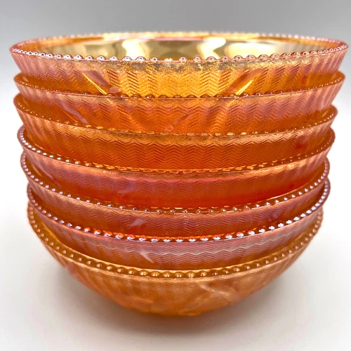 Marigold Carnival Glass Fruit / Dessert Bowls – Iris & Herringbone Pattern VTG