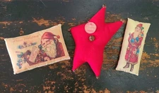 Lot of 3 Primitive Style Decorative Pillows Red Wool Star Bell & Old Timey Santa