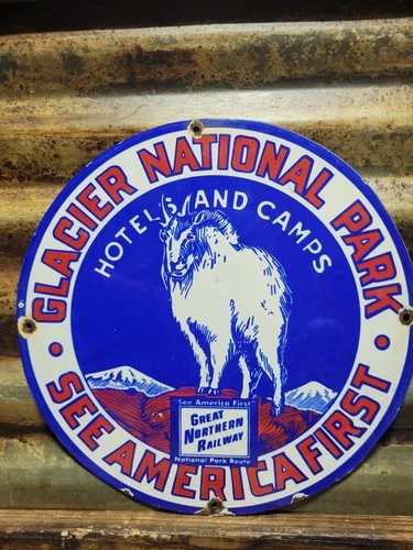 VINTAGE GLACIER NATIONAL PARK PORCELAIN SIGN OLD GREAT NORTHERN RAILWAY TRAIN 12