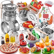 Play Kitchen Accessories, Large Stainless Steel Toddler Cooking Set, Kids Kit...
