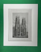 York Cathedral, West Front. Antique Print, mounted Over 150 Years Old (10x8 ins)