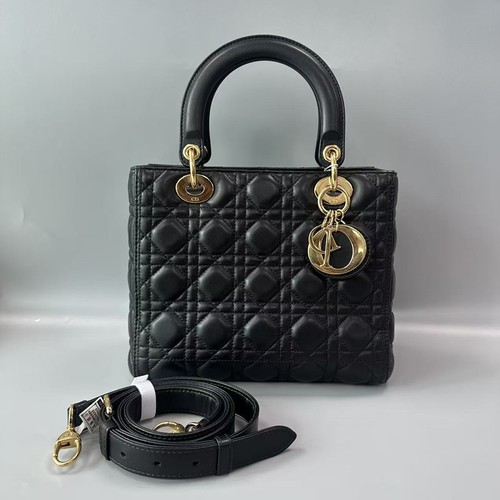 Christian Dior Lady Dior Handbag Black Lambskin Gold Hardware Classic Auth/