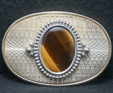 XB07142 NICE VINTAGE 1970s BROWN STONE FASHION UNISEX GOLDTONE BELT BUCKLE