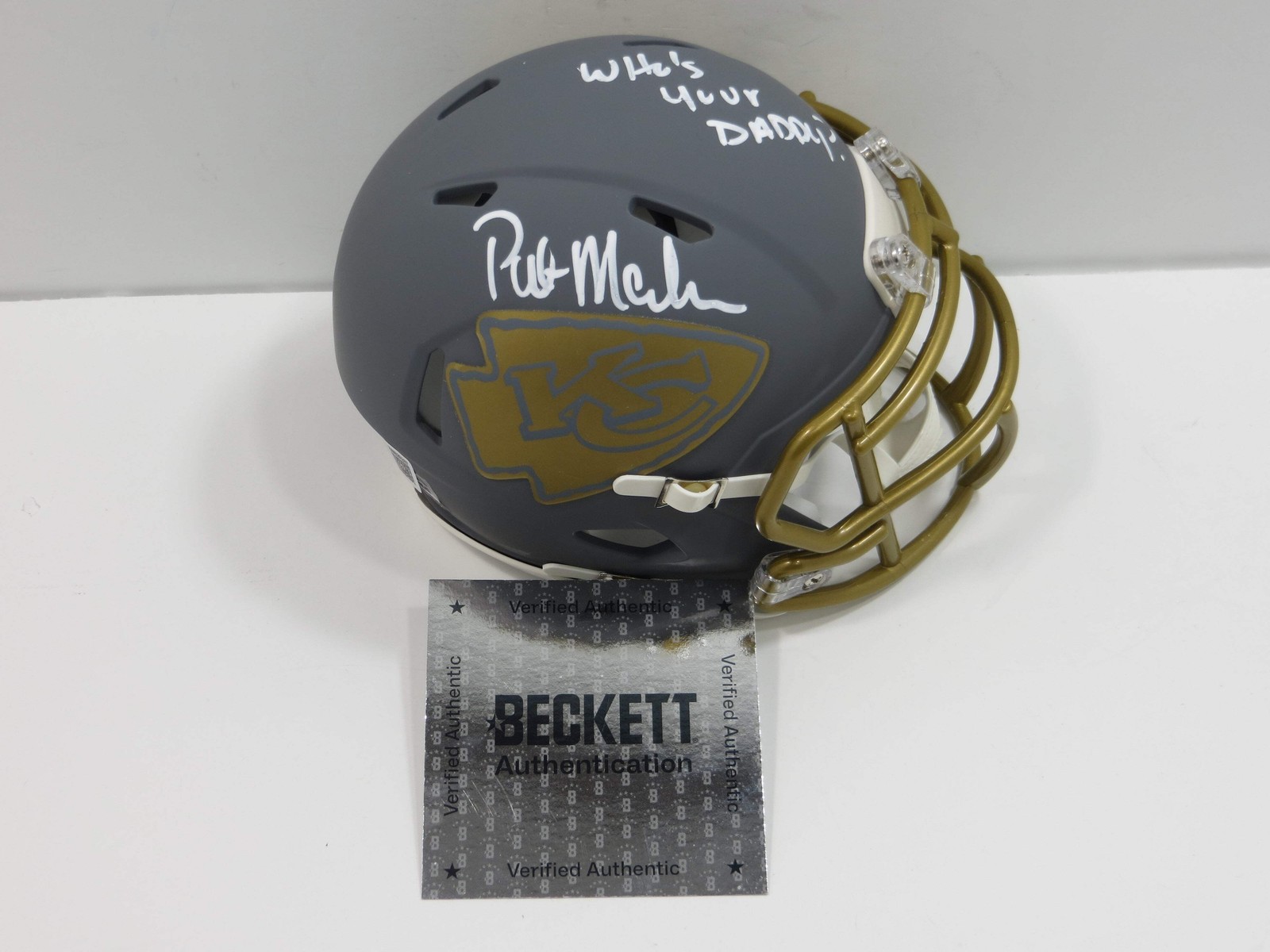 PAT PATRICK MAHOMES SR. KANSAS CITY CHIEFS SIGNED SLATE HELMET w/INSC BAS 