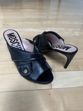 New Moschino Black Leather Sandal Heels Italy Sz 38 EU