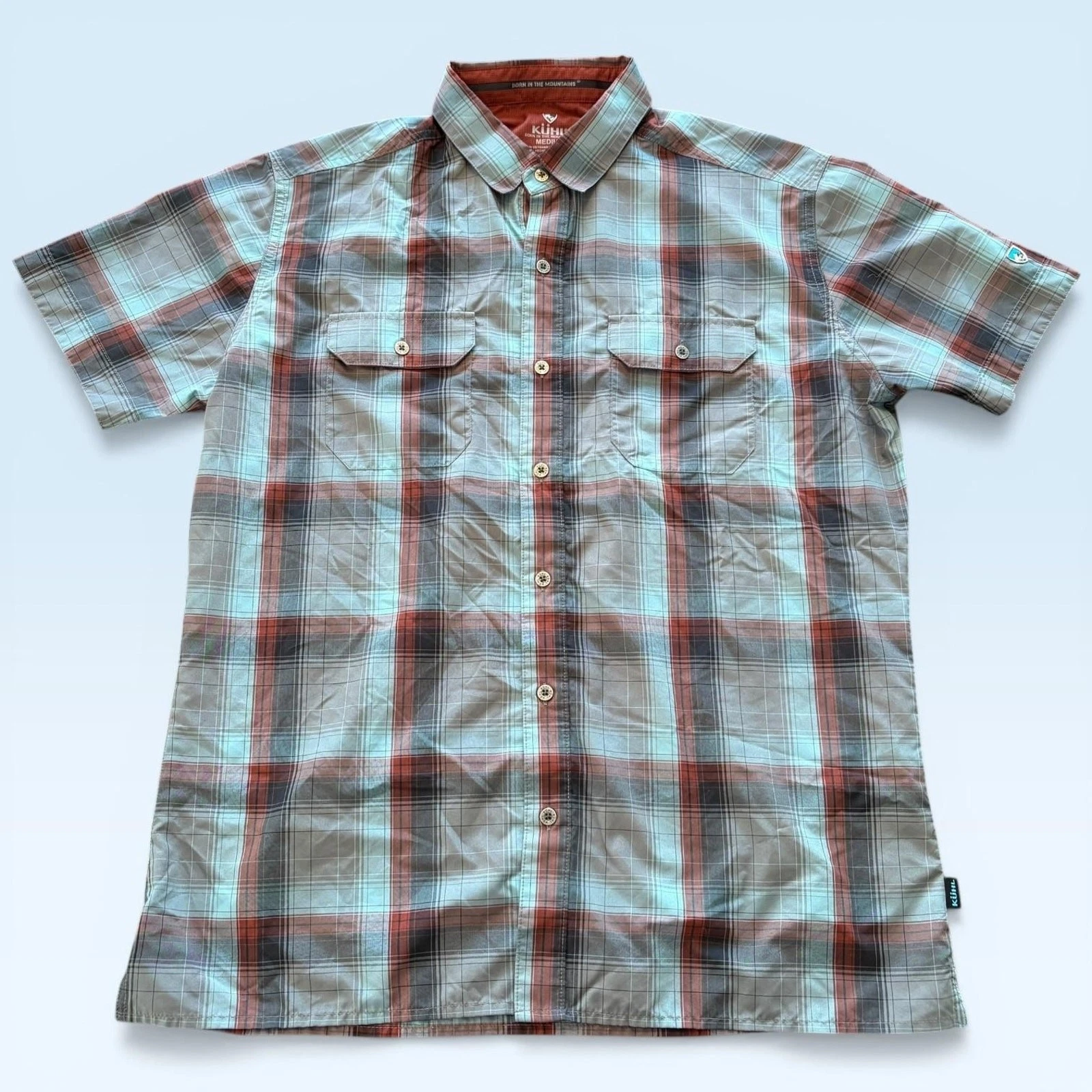 KUHL Shirt Mens Medium Gray Plaid Short Sleeve Button Front Hiking Outdoor