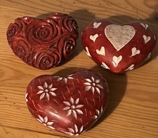 3 X Carved Solid Soap Stone Hearts 