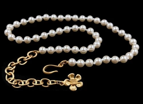 Vintage Bijoux Givenchy Pearl Beaded Satin Gold Flower Tail Choker Necklace D103