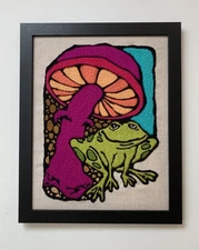 Groovy Frog & Mushroom Crewel Embroidery Retro Vintage Style Handmade 