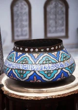 19th C. Damascus / Syrian Islamic Copper Enamel Bowl, Calligraphy Middle Eastern