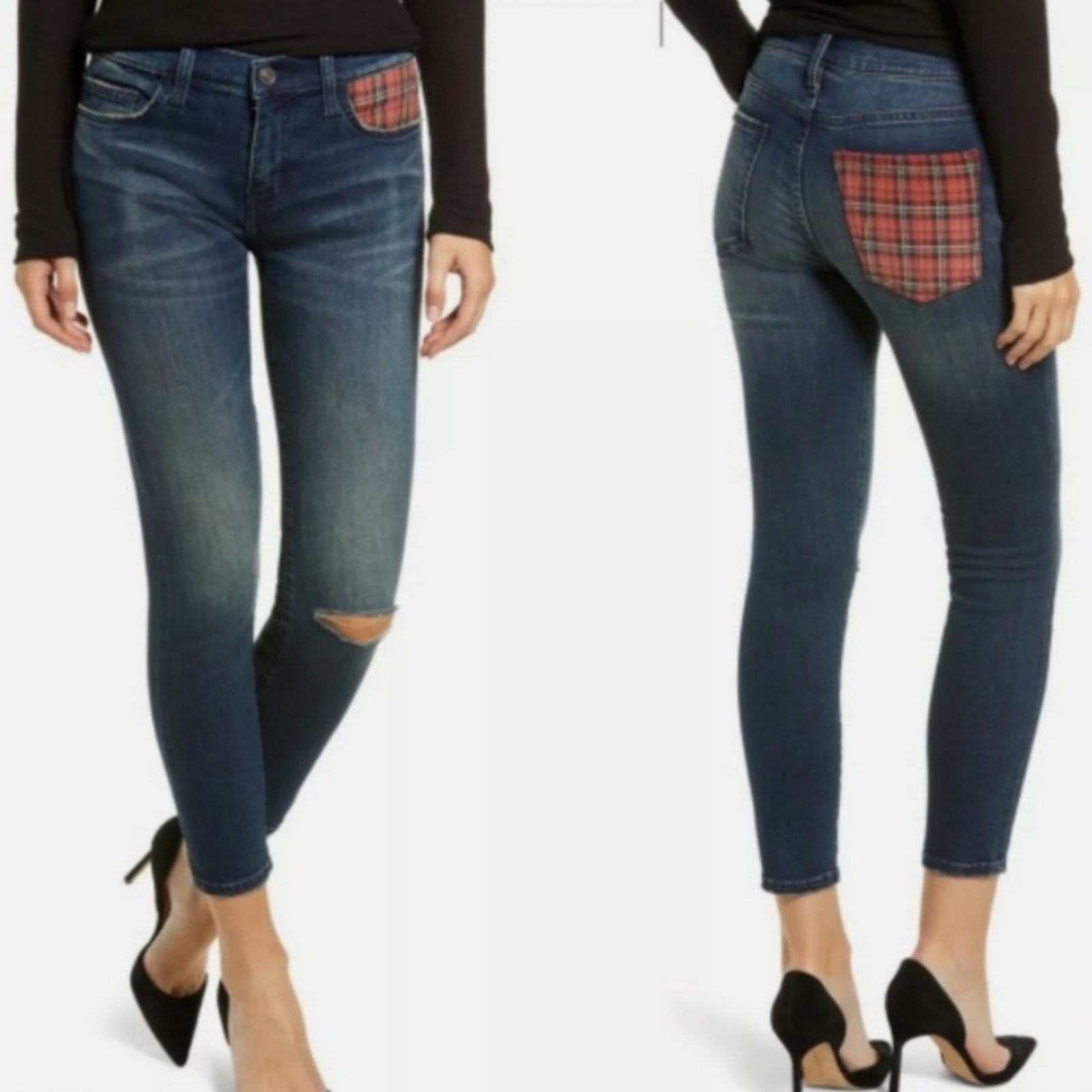 Current Elliott Denim Blue Jeans Red Plaid Patch Pockets Skinny Womens Size 27
