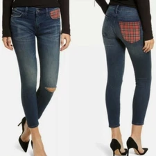 Current Elliott Denim Blue Jeans Red Plaid Patch Pockets Skinny Womens Size 27