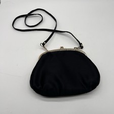 Vtg La Regale Black Pleated Satin Evening Bag Gold Kiss Lock Clasp Strap