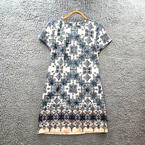 Tokito Womens Mini Shift Dress Size 6 Ivory Green Pink Paisley Short Sleeve