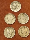 Mercury Dimes, Lot of 5 1941 (1), 42 (1), 44 (2), **Mystery** (1)
