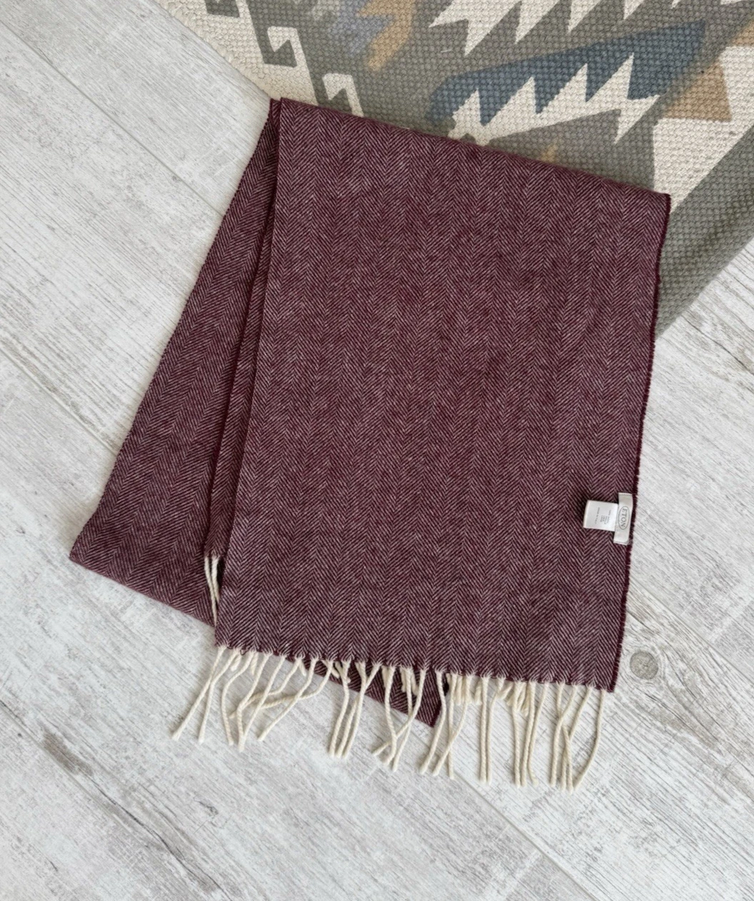 Eton 100% Wool Scarf Herringbone Burgundy Made In Italy Mens Luxury