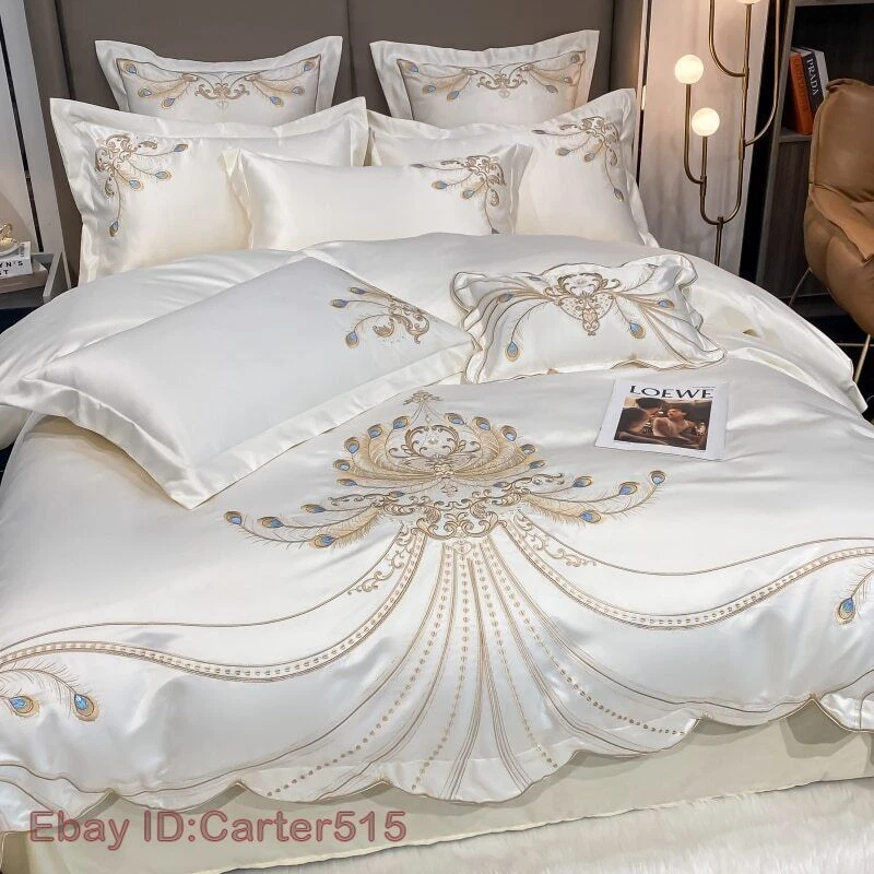 Luxury Gold Feather Embroidery Egyptian Cotton Duvet Cover Bed Sheet Bedding Set - Image 4 of 4