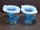 Pair Fenton Blue Opalescent Glass 5-1/2" High Hobnail Cornucopia Candleholders *