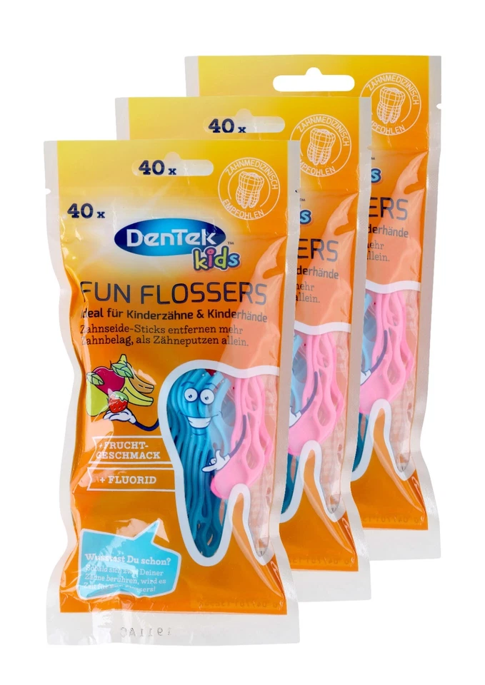 3x DenTek Kids Fun Flossers, Zahnseidesticks mit Wildfruchtgeschmack