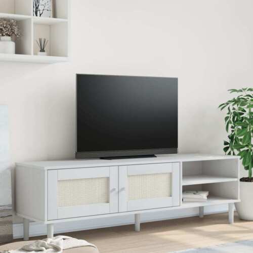 Armoire TV SENJA aspect rotin blanc 158 x 40 x 49 cm pin bois massif - Photo 1/10