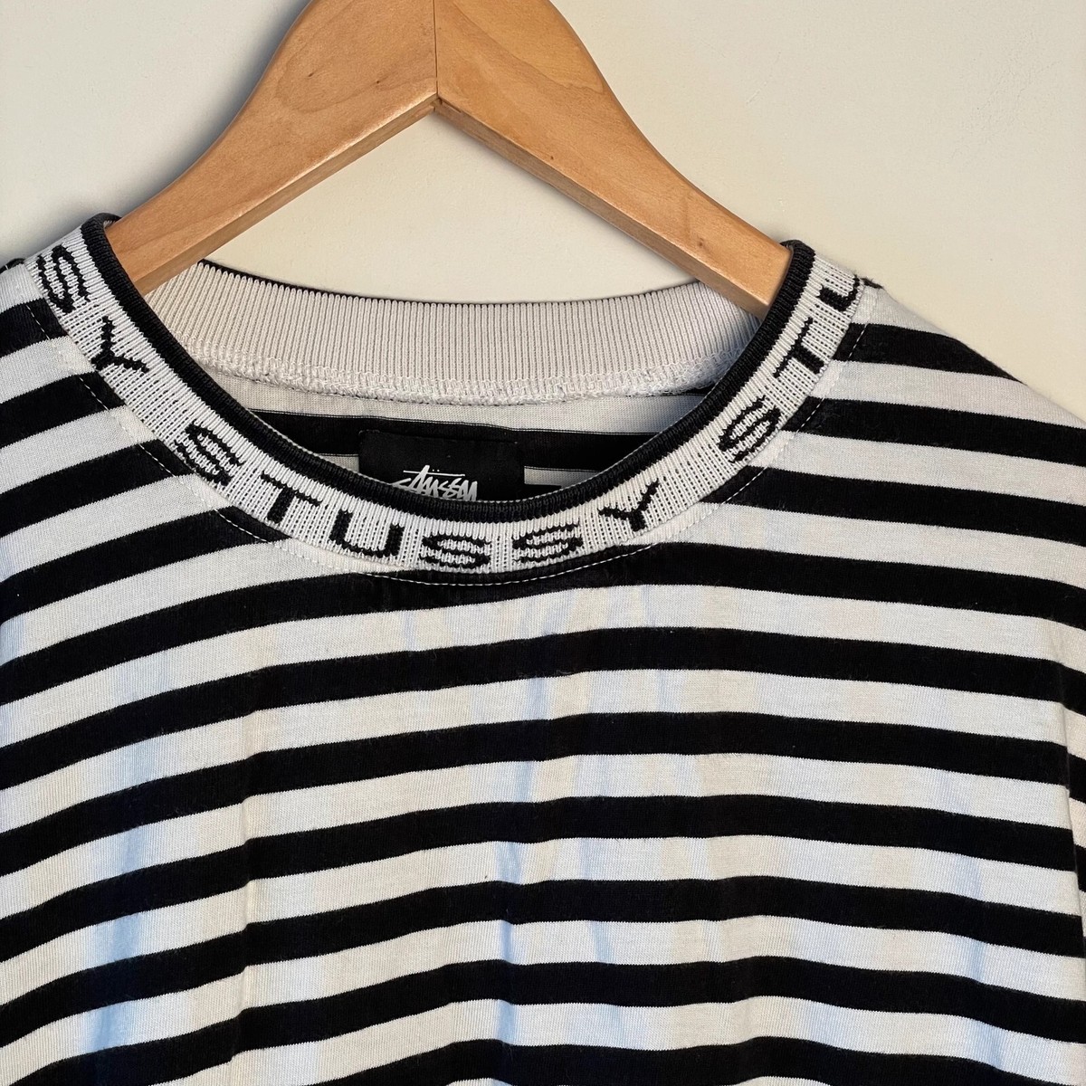 Stussy Long Sleeve Striped T-Shirt Jacquard Logo Neck Tee White